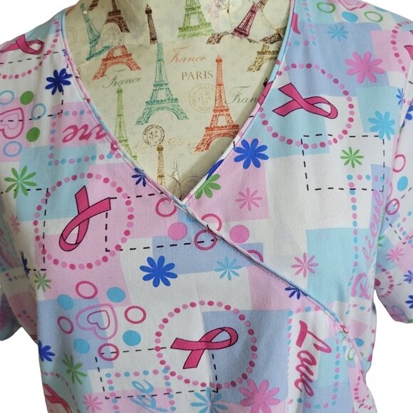 SB Scrubs Sz M Breast Cancer Awareness Vneck Back Tie Waist SS Novelty Scrub Top - Picture 2 of 9